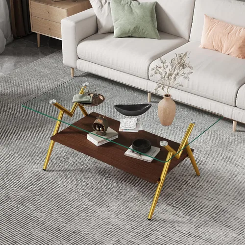 Miniatura 9 de Mesa auxiliar rectangular contemporánea de cristal con patas de metal cruzadas en ángulo para sala de estar, elegante mesa auxiliar de vidrio