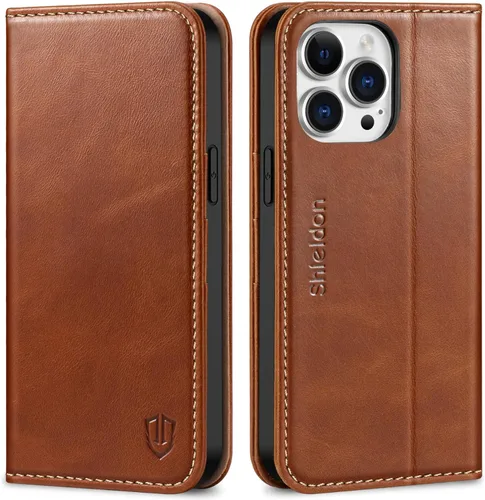 SHIELDON Funda para iPhone 14 Pro Max 5G, funda de piel auténtica tipo cartera con función atril y bloqueo RFID, magnética, a prueba de golpes,