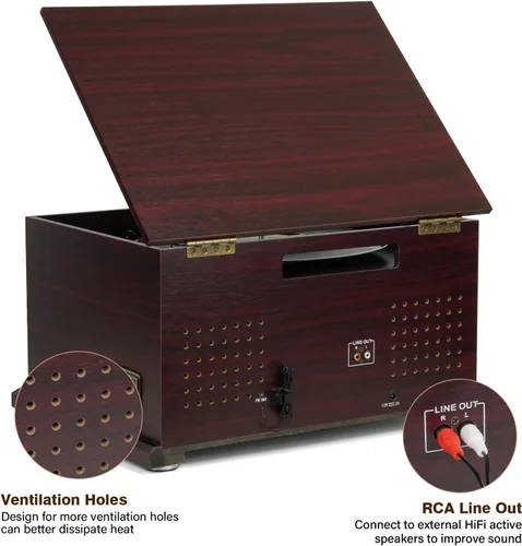Miniatura 5 de FEKTIK Tocadiscos Bluetooth 10 en 1, tocadiscos de 3 velocidades con altavoces, entrada y salida Bluetooth, CD, casete, radio FM, transmisión