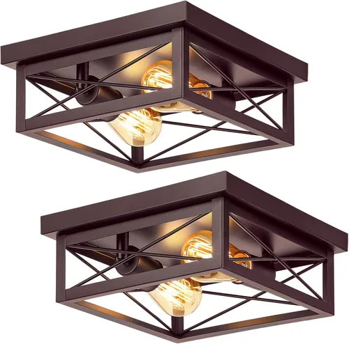 Miniatura 9 de Lámpara de techo de bronce cepillado para pasillo, lámpara de techo industrial de granja de montaje empotrado de 2 luces, lámpara de cocina de metal