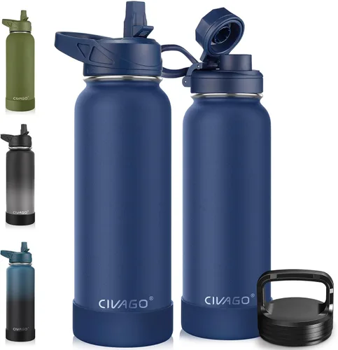 Miniatura 42 de CIVAGO Botella de agua aislada de 22 onzas con pajita, frasco de agua deportiva de acero inoxidable con 3 tapas