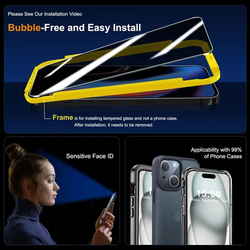 Miniatura 6 de QHOHQ Paquete de 3 protectores de pantalla de privacidad para iPhone 15 [6.1 pulgadas] con paquete de 3 protectores de lente de cámara, película