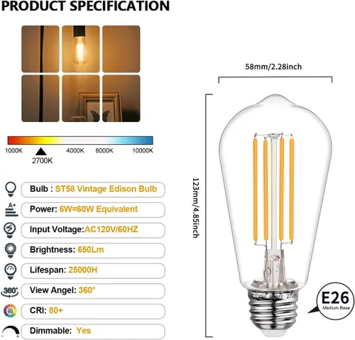 Miniatura 2 de BORT Paquete de 4 bombillas LED Edison ST58/ST19, color blanco cálido, 2700 K, equivalente a 6 W, bombillas LED de filamento de 60 W, regulables