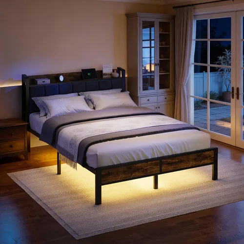 Miniatura 7 de Base de cama tamaño Queen con cabecera de madera, plataforma de metal con estación de carga USB y luces LED inteligentes, no necesita somier, fácil