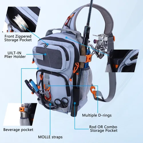 Miniatura 2 de Mochila de pesca con cajas de aparejos, bolsa de hombro de pesca impermeable con soporte para caña, bolsa de pescado con kit de 136 señuelos de Gris