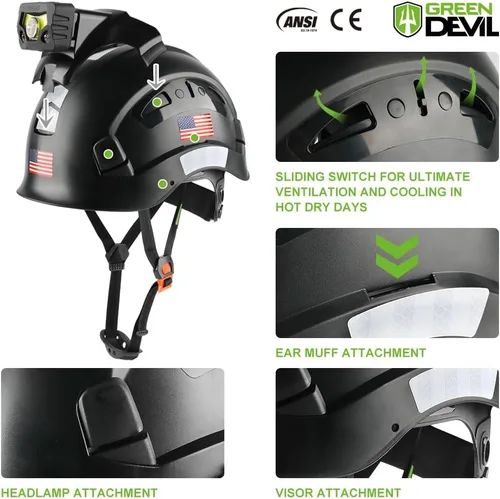 Miniatura 2 de GREEN DEVIL Casco de seguridad con luz recargable para faros delanteros y forro para casco, correa para barbilla, para hombre, ventilada, para Negro