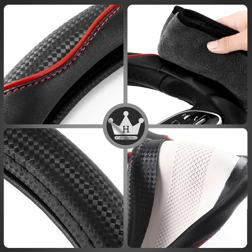 Miniatura 7 de HighnessHwoo Funda 3D para volante de automóvil, agarre cómodo, masaje deportivo, antideslizante, de fibra de carbono, piel sintética para sedán