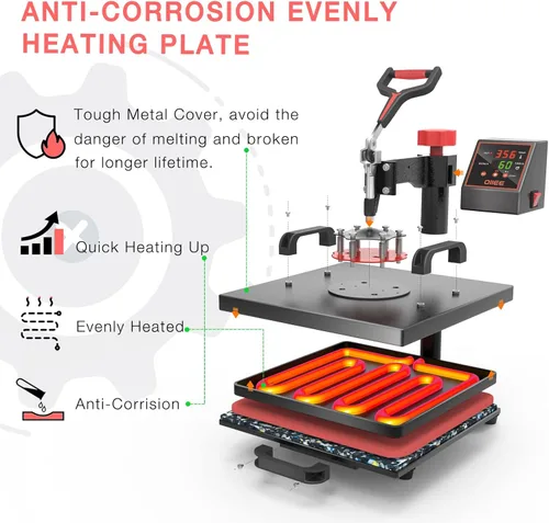 Miniatura 4 de OIIEE Máquina de prensa de calor 8 en 1 combinada prensa de calor de 15 x 15 pulgadas, máquina de transferencia de calor de 360 grados, impresión