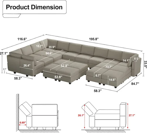 Miniatura 8 de Belffin Sofá modular grande con asiento de almacenamiento, sofá en forma de U de gran tamaño con tumbona reversible, juego de sofá modular con Gris