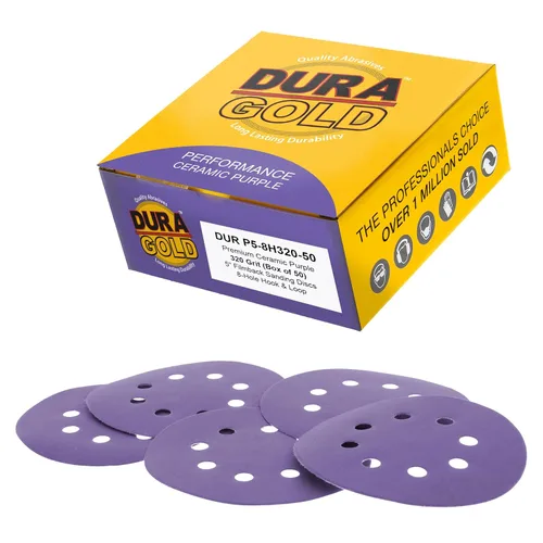 Miniatura 15 de Dura-Gold Discos de lijado de cerámica de película púrpura de 5 pulgadas, patrón de 8 agujeros, caja de 50 – Papel de lija sin polvo con gancho