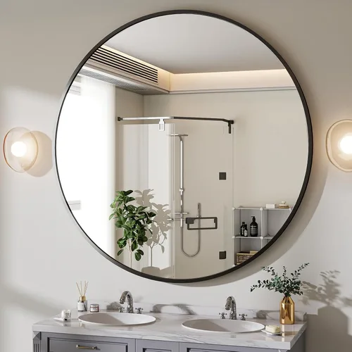 Miniatura 21 de BEAUTYPEAK Espejo redondo de 20 pulgadas, espejo circular con marco de metal, montado en la pared para entrada, baño, tocador, sala de estar, negro