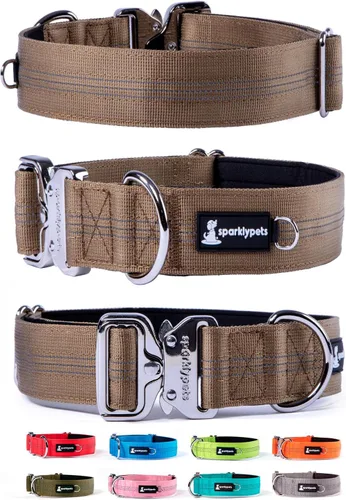 Miniatura 8 de SparklyPets Collar de perro ancho de servicio pesado con hebilla cromada de liberación rápida, collar táctico grueso para perro con rayas Azul