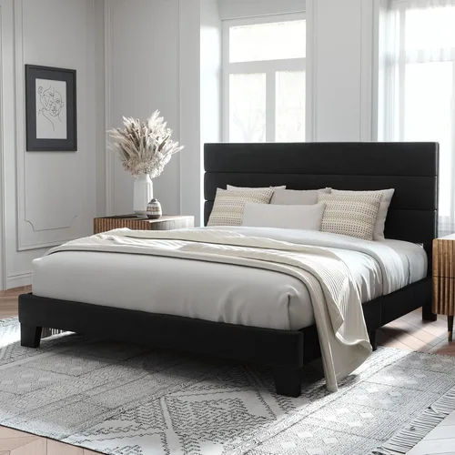 Miniatura 19 de Allewie - Base de cama de plataforma matrimonial con cabecera tapizada de tela y soporte de listones de madera, base de colchón totalmente tapizada
