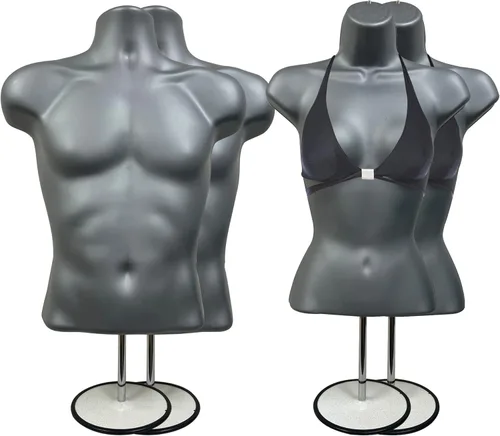 Miniatura 23 de Torso de maniquí masculino y femenino con soporte de metal, cuerpo hueco en la espalda, forma de vestido apilable para exhibición de camisetas, Gris