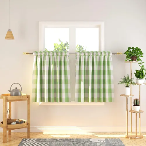 Miniatura 265 de Cenefas de cortina para ventana de 16 pulgadas de largo, 2 paneles de cuadros búfalo, cortinas pequeñas con bolsillo para barra, estilo clásico