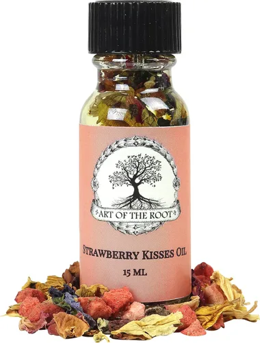 Art of the Root Aceite de besos de fresa, hecho a mano con hierbas y aceites esenciales para rituales de amor, romance, pureza y confianza