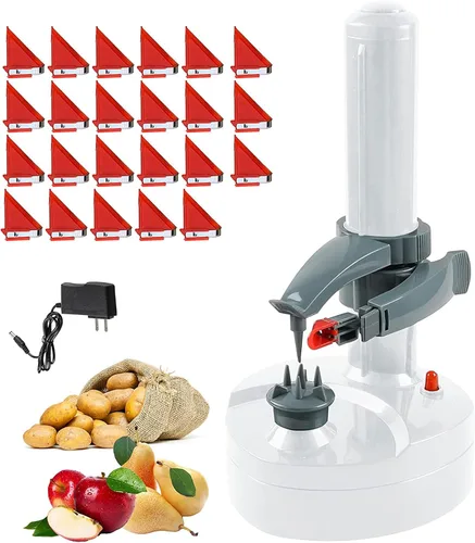 Miniatura 9 de Pelador de patatas eléctrico con 23 cuchillas de repuesto Rotato Express de acero inoxidable, pelador automático giratorio para frutas y verduras