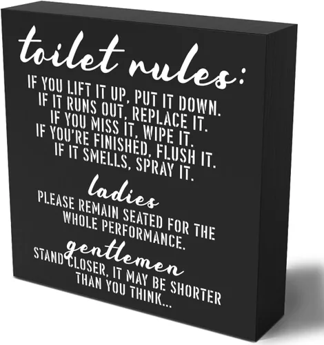 Cartel de madera con reglas divertidas reglas de inodoro, placa de madera con texto en inglés "If You Lift It Up Put It Down", letrero de caja de