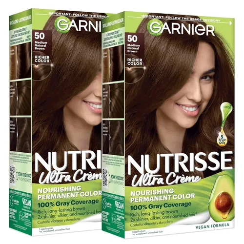 Garnier Nutrisse - Tinte permanente en crema nutritiva para el cabello, 50 castaño natural medio (Truffle), 2 unidades (el empaque puede variar)