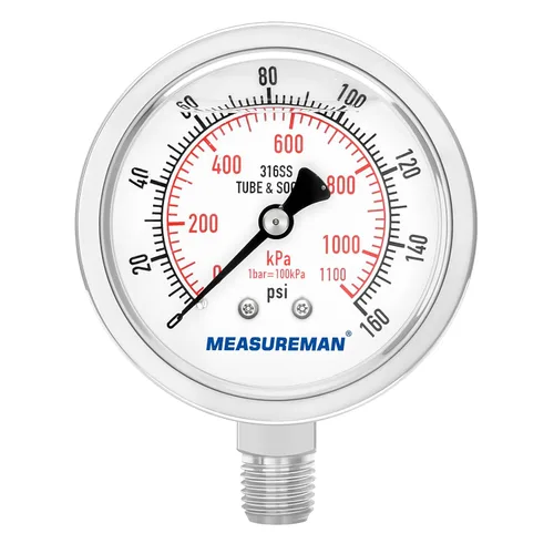 Miniatura 34 de MEASUREMAN - Manómetro de presión 1/4 NPT, manómetro de presión lleno de glicerina 0-100psi/kPa con esfera de 2.5 pulgadas y caja de acero