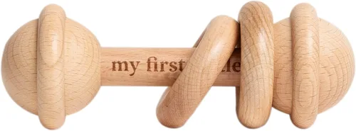 Pearhead Sonajero y mordedor de madera para bebés - Recuerdo grabado con láser, madera de haya natural, juguete sensorial Montessori que desarrolla