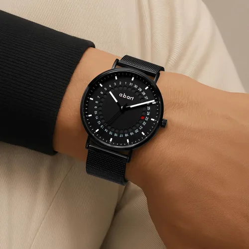 Miniatura 5 de a.b.art Reloj de cuarzo para hombre, movimiento Ronda con piezas suizas, cristal de zafiro, correa de malla milanesa, diseño ultrafino, esfera negra
