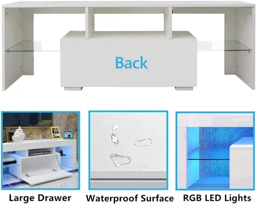 Miniatura 3 de Soporte de TV para TV de 55 pulgadas con almacenamiento, soporte de TV blanco con luces LED, centro de entretenimiento para TV de 55 pulgadas