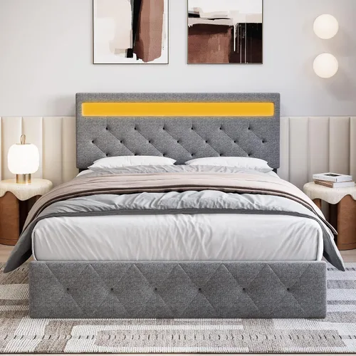 Base de cama matrimonial con cabecera de luces LED, marco de cama LED con puerto USB de carga rápida, marco de cama tapizado de plataforma, no