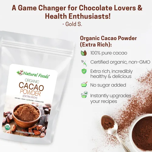 Miniatura 3 de Z Natural Foods Cacao orgánico en polvo, lleno de nutrición, sabor a chocolate negro extra rico, perfecto para recetas de chocolate, batidos