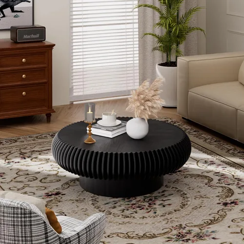 Miniatura 7 de Mesa de centro redonda de tambor estriado para sala de estar, mesas de centro modernas de mediados de siglo con pedestal resistente, mesa de té negro