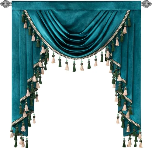 Miniatura 18 de VOGOL Cenefa de cortinas de terciopelo grueso para dormitorio, cenefas de cascada de lujo con aislamiento térmico dorado para sala de estar formal