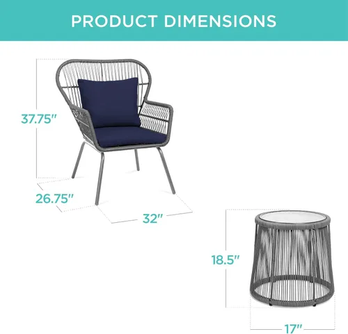 Miniatura 7 de Best Choice Products Juego de 3 piezas para conversación de patio, muebles de mimbre para todo tipo de clima para porche, patio trasero con 2 sillas