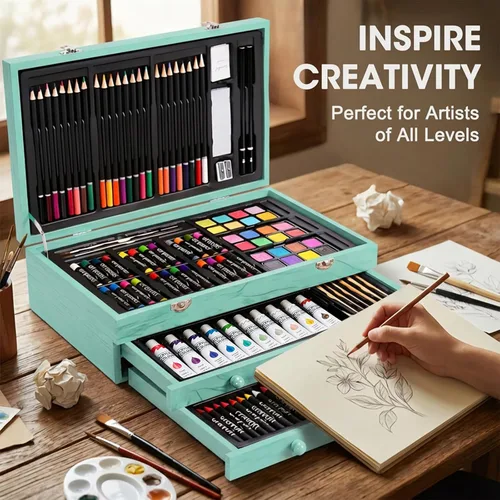 Miniatura 6 de Juego de arte de lujo de 175 piezas en madera, kit de dibujo y pintura con 2 blocs de dibujo, pinturas acrílicas, lápices de colores, lápices