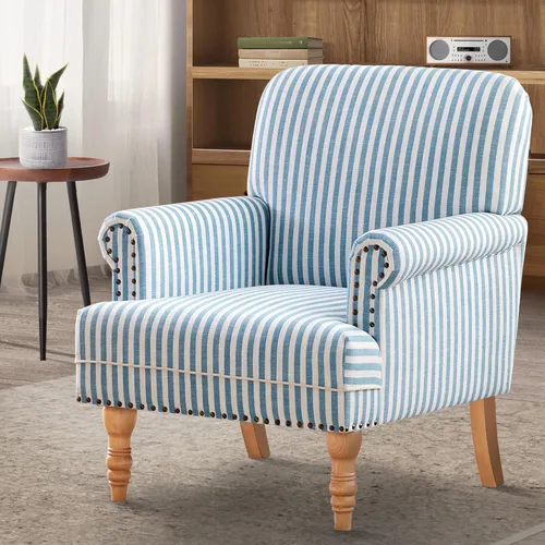 HUIMO Silla decorativa de tela de lino, sillón moderno de mediados de siglo con patas de madera maciza, sillón individual, silla tapizada para club