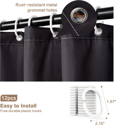Miniatura 4 de Cortina de ducha Lalumix negra floral, cortinas de ducha con flores para baño con 12 ganchos, juegos de cortinas de ducha de tela de poliéster