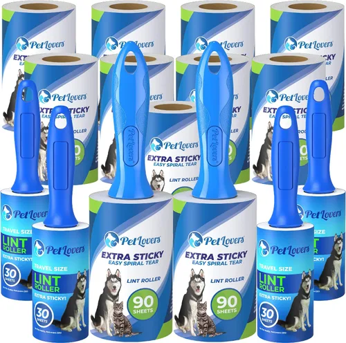 PetLovers Juego de 1110 rollos extra pegajosos para eliminar pelusas de mascotas, perros y gatos, 9 recambios y 4 mini rodillos de tamaño de viaje