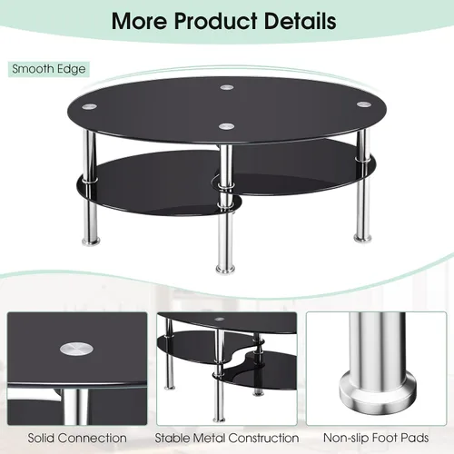 Miniatura 7 de COSTWAY Mesa auxiliar de cristal, mesa auxiliar de sofá de 3 niveles con patas de tubo de metal y estantes abiertos, moderna mesa auxiliar ovalada