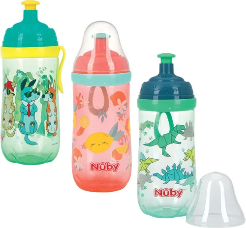 Nuby Vaso de 2 etapas con boquilla de silicona antiderrames y ventana emergente de flujo libre, 12 onzas, surtido (colores/diseños pueden variar),