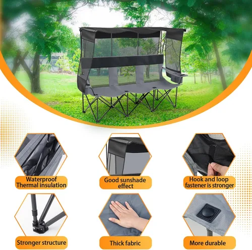 Miniatura 4 de Teenyyou Silla de camping para 3 personas con toldo – Silla de playa de gran tamaño con protección solar UV, sofá biplaza plegable de alta