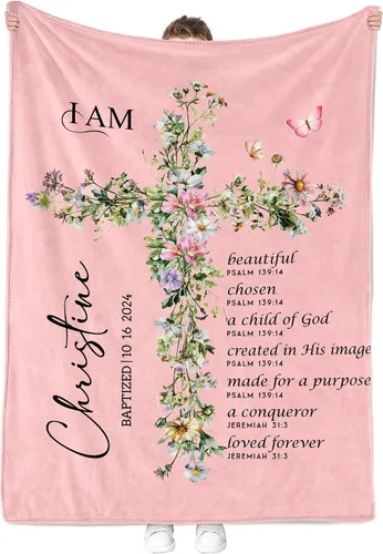 Miniatura 3 de MDPrints - Manta rosa de bautismo para niñas, regalos de bautismo personalizados para niñas, mantas de bebé personalizadas para niñas con nombre