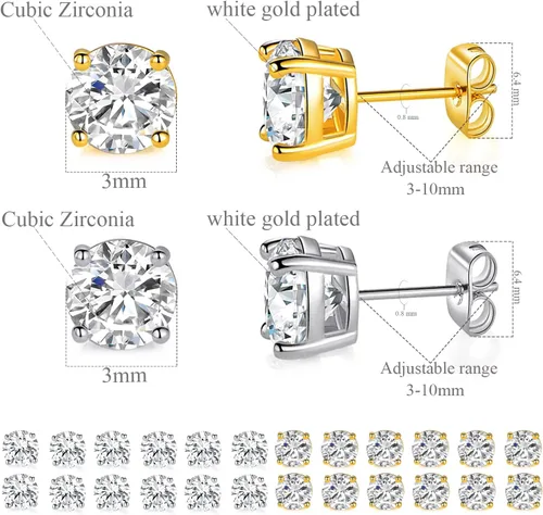 Miniatura 29 de Aretes de tuerca chapados en oro blanco de 18 quilates de 3 a 0.315 in con circonita cúbica redonda, paquete de 6 pares