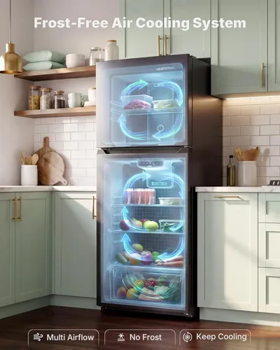 Miniatura 4 de Upstreman 10.1 Cu.Ft Refrigerator with Top Freezer, Reversible 2 Door Medium Fridge, Shelves, Drawer, Wheels, Low Noise, Temp Control, Auto Defrost