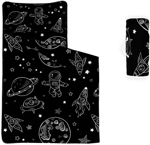 Miniatura 33 de Tapete para siesta espacial – Saco de dormir de galaxia espacial con almohada extraíble – Juego de ropa de cama para guardería y fiestas de pijamas