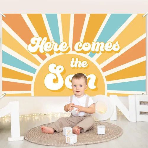Miniatura 6 de Here Comes The Son - Telón de fondo para baby shower, estilo bohemio, retro, apagado, amanecer, decoración para colgar en la pared, fiesta