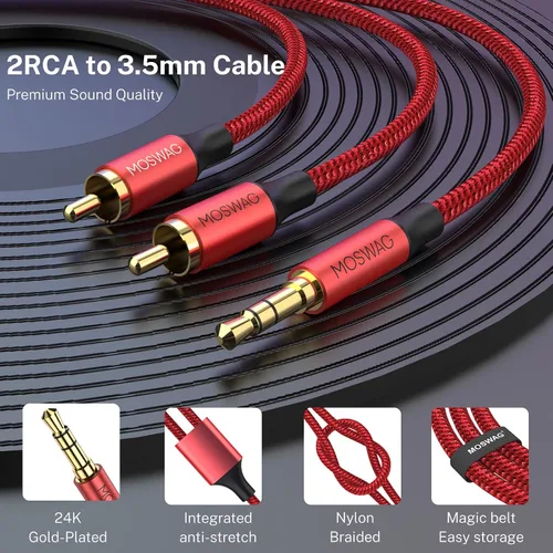 Miniatura 4 de MOSWAG Cable RCA, adaptador de audio estéreo macho de 0.138 in a 2RCA macho, doble blindado, chapado en oro, cable coaxial trenzado de nailon AUX
