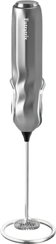 Espumador de leche de mano, mezclador de bebidas rápido y potente funciona con pilas con batidor de acero inoxidable para café (plateado con soporte)