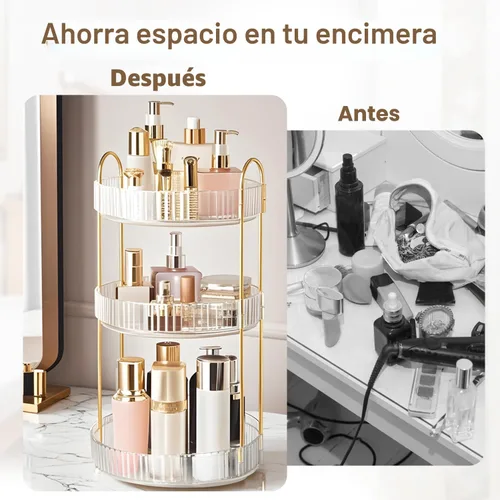 Miniatura 5 de Organizador de maquillaje giratorio de 360° para tocador, organizadores de perfumes de 3 niveles, organizadores de cuidado de la piel y Transparente