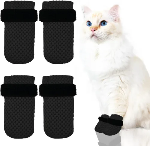 4 guantes para gatos para evitar arañazos, zapatos de malla transpirable para gatos, guantes ajustables antiarañazos, adecuados para gatos al Negro