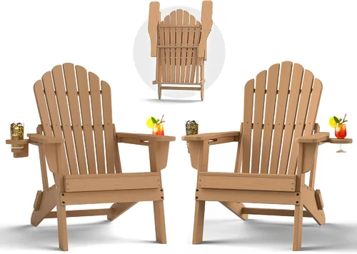 Miniatura 19 de Plawdlik Juego de 2 sillas plegables Adirondack de HDPE, sillas de patio al aire libre resistentes con soportes dobles para tazas, silla para Negro