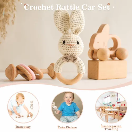 Miniatura 5 de let's make Sonajero de madera para bebé, 3 piezas, juego de sonajero de ganchillo, juguete Montessori de madera para recién nacidos, regalos de bebé